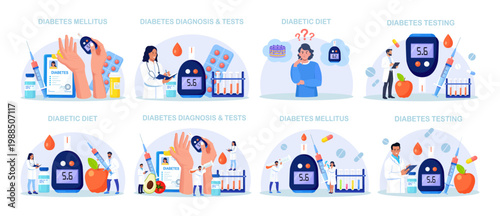 World Diabetes Awareness Day. Doctors testing blood for glucose, using glucometer for hypoglycemia or hyperglycemia diagnosis. Type 2 diabetes and insulin production. Physician measuring sugar level