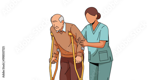 A nurse in scrubs assists an elderly man walking with the aid of two crutches
