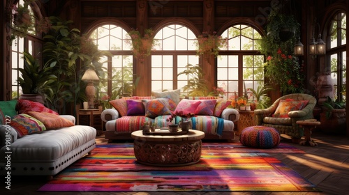 Bohemian living room interior with arched windows and colorful decor, plants creating a warm, inviting atmosphere.
