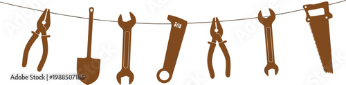 Hanging construction tools silhouette, wrench pliers saw and shovel on line vector illustration design