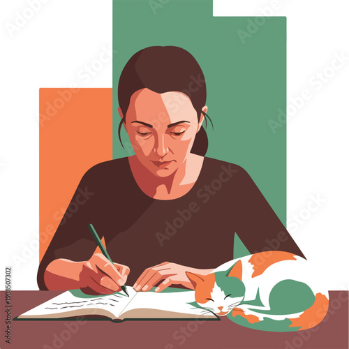 A woman writes in a notebook with a sleeping calico cat by her side at a table