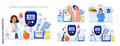 Diabetes mellitus banner. World diabetic awareness day. Doctors testing blood for glucose using glucometer for hypoglycemia or hyperglycemia diagnosis. Type 2 diabetes. Physician measuring sugar level
