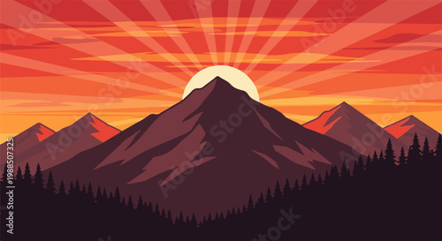 Pixelated mountain range at sunset with dramatic sun rays