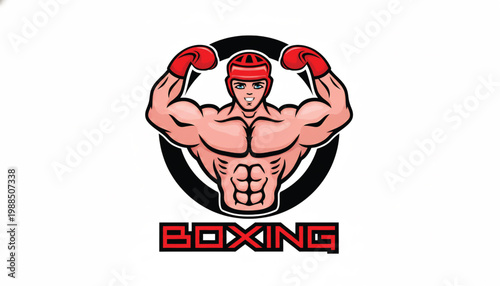 Bodybuilder character lifting barbell with boxing gloves and strong muscular pose for fitness sport branding logo