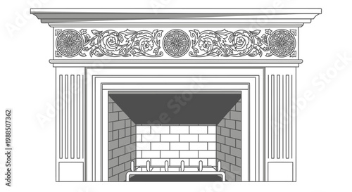 Ornate fireplace mantel with decorative design.