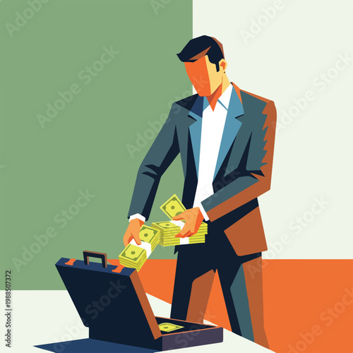 A businessman in a suit places stacks of paper currency into an open briefcase