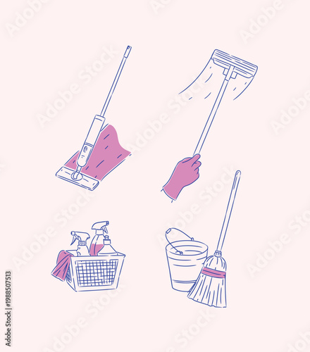 House cleaning hand tools spray mop window squeezer basket with spray and cloth drawing in graphic style peach background
