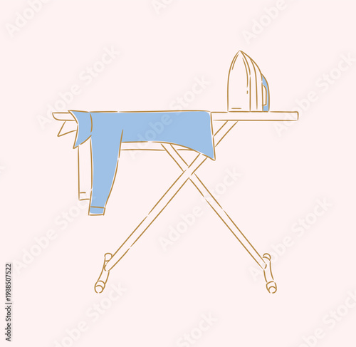 Ironing board with clothes laid out on it drawing in graphic style on beige background