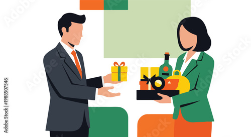 A professional man hands a small wrapped gift to a woman holding a large tray