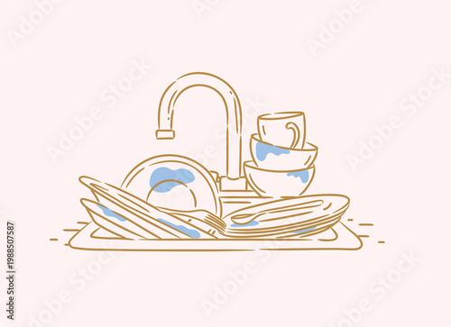 Kitchen sink with dishes cups and cutlery drawing in graphic style on beige background. Housework.