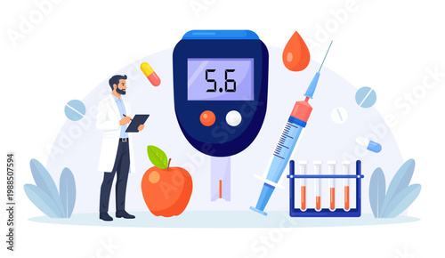Diabetes Mellitus. Doctors testing blood for glucose, using glucometer for hypoglycemia or hyperglycemia diagnosis. Laboratory equipment. Physician measuring sugar level. World diabetic awareness day