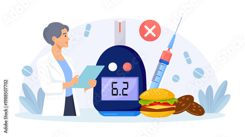 World Diabetic Awareness Day. Diabetes Mellitus Concept. Type 2 Diabetes and Insulin production. Physician Measuring Sugar Level