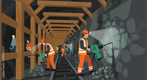 Miners using pneumatic drills to break rock inside an underground tunnel shaft