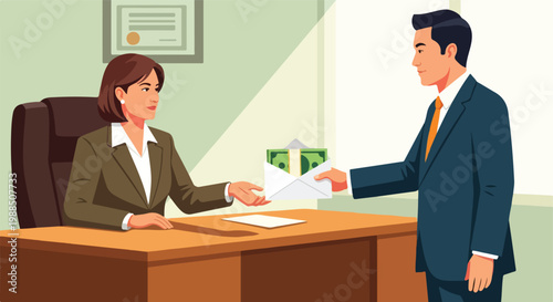 A woman in an office receives an envelope of cash from a man in a formal suit