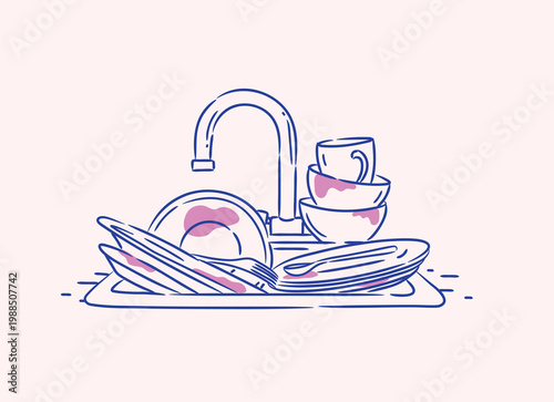 Kitchen sink with dishes cups and cutlery drawing in graphic style on peach background. Housework.