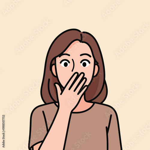 A surprised woman with brown hair covering her mouth with her hand in shock