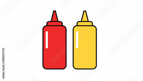 Bottles ketchup and mustard squeeze bottle icons with red and yellow caps on white background featuring condiment, sauce, cap with label and