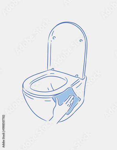 Cleaning a toilet with a rim using cloth drawing in graphic style on blue background