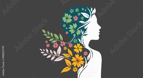 Silhouette of a woman's profile with floral elements incorporated into her hair