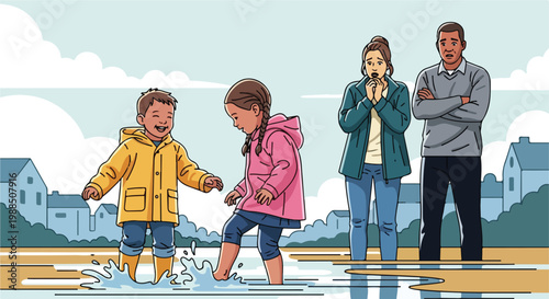 Two children splash in puddles while their worried parents look on in concern