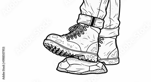 Heavy boot stepping on a rock, detailed line drawing