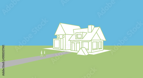 A house with a green lawn and blue sky.