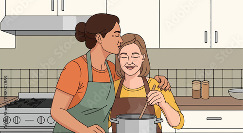 A woman in an apron kisses an older woman cooking in a modern kitchen setting