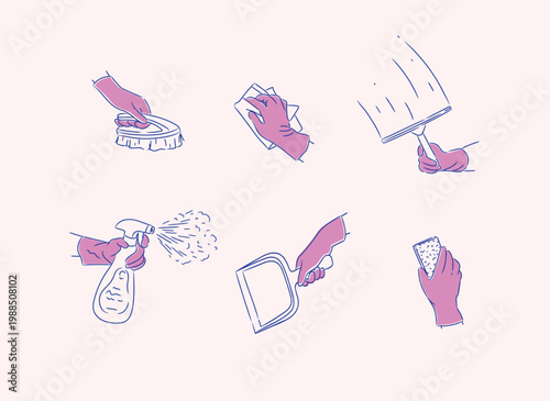 House cleaning hand tools gloves brush dustpan spray cloth sponge drawing in graphic style with blue on peach background