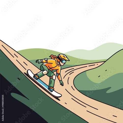 A snowboarder in safety gear riding down a dirt mountain path in a flat style