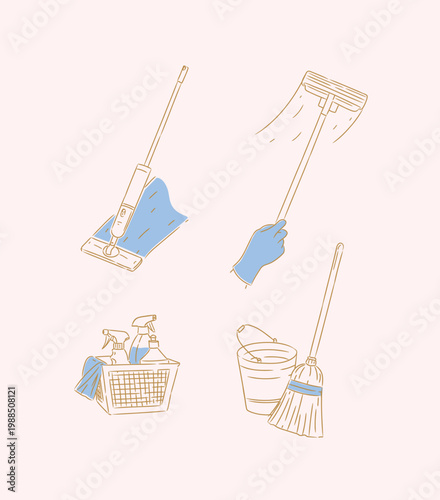 House cleaning hand tools spray mop window squeezer basket with spray and cloth drawing in graphic style with blue on beige background