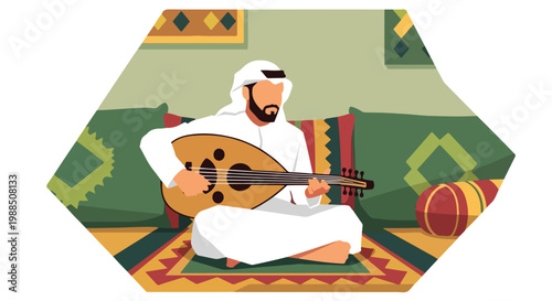A man in traditional Middle Eastern clothing plays an oud while sitting on a rug