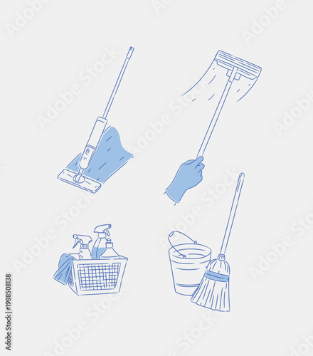 House cleaning hand tools spray mop window squeezer basket with spray and cloth drawing in graphic style blue background