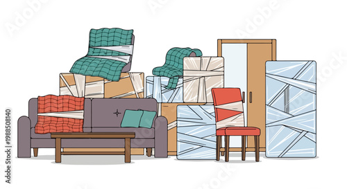 A collection of household furniture and packed boxes prepared for moving house
