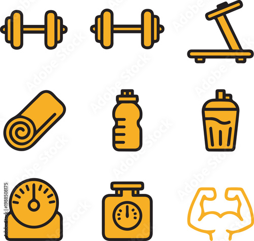 Collection of Gym Elements: Weights, Yoga Mat, Water Bottle, and Bodybuilding Icons