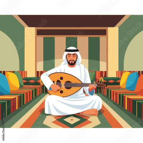 An Arab man in white traditional clothing playing an oud in a decorated room