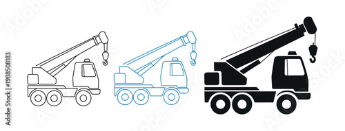 Construction crane truck icon collection, tow truck with lifting hook in outline and solid glyph vector styles, isolated on transparent background, heavy machinery and engineering icons.