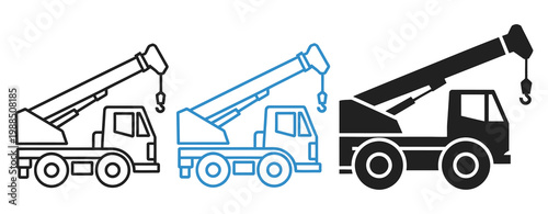 Crane truck icon set, construction tow truck with lifting hook in outline and solid glyph styles, vector illustration isolated on transparent background, industrial and heavy equipment symbols.