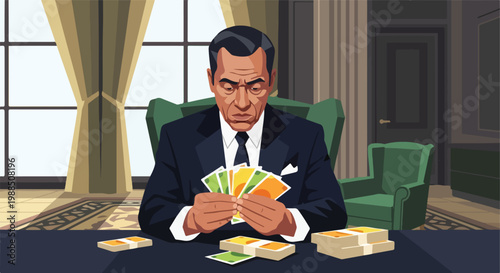 A serious man in a suit sits at a desk while counting stacks of paper currency