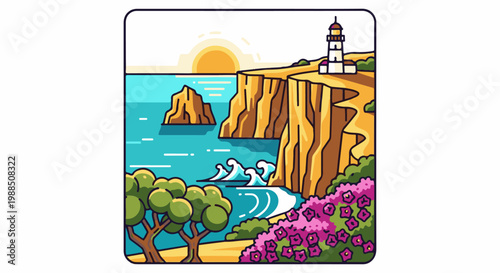 Coastal cliff with a lighthouse, waves, and flowers under a sunny sky