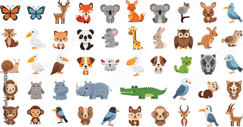Cute Animal Icons Collection with Forest Wildlife Birds and Cartoon Creatures Set for Kids Educational Design Vector Illustration