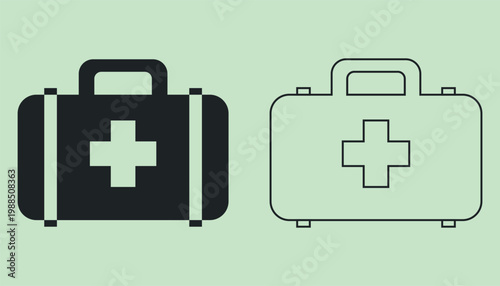 First Aid Kit Icon Set with Medical Bag and Cross Symbol, Healthcare Emergency Icon Collection in Flat and Outline Style