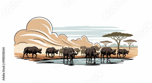 Herd of buffalo at watering hole with acacia trees and clouds