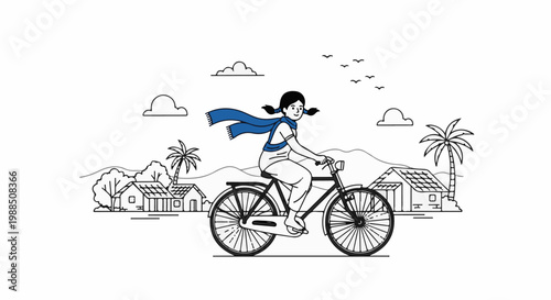 Child bicycling past simple houses and palm trees in a scenic rural setting