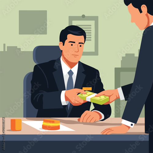 A businessman in a suit hands a stack of cash to another man across a desk