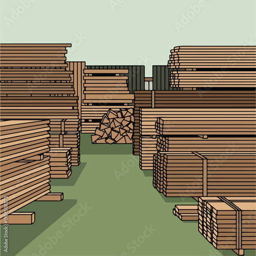 A digital illustration showing stacks of sawn lumber and wood in a storage yard
