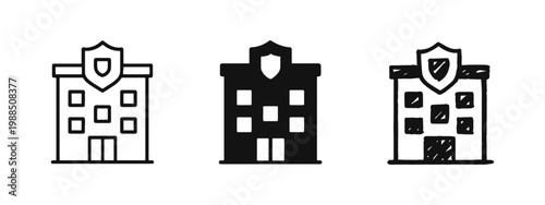 Police Station and Security Building Icon Set in Outline, Glyph, and Doodle Styles