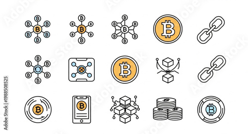 Collection of Bitcoin and Blockchain Technology Icons.