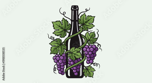 A dark bottle entwined with grapevines and clusters of purple grapes