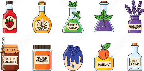Gourmet Flavoring Syrup and Extract Icon Set Featuring Salted Caramel, Vanilla, Lavender, Raspberry, Hazelnut, and Simple Syrup Bottles for Cafe and Bakery Designs