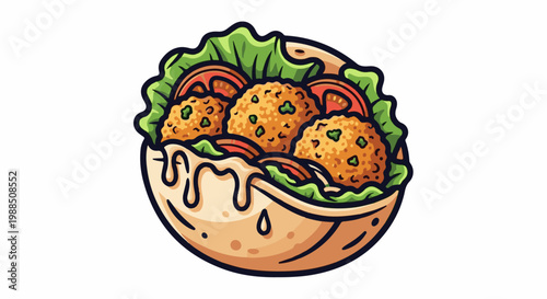 A cartoonish illustration of falafel in a pita with lettuce and tomato